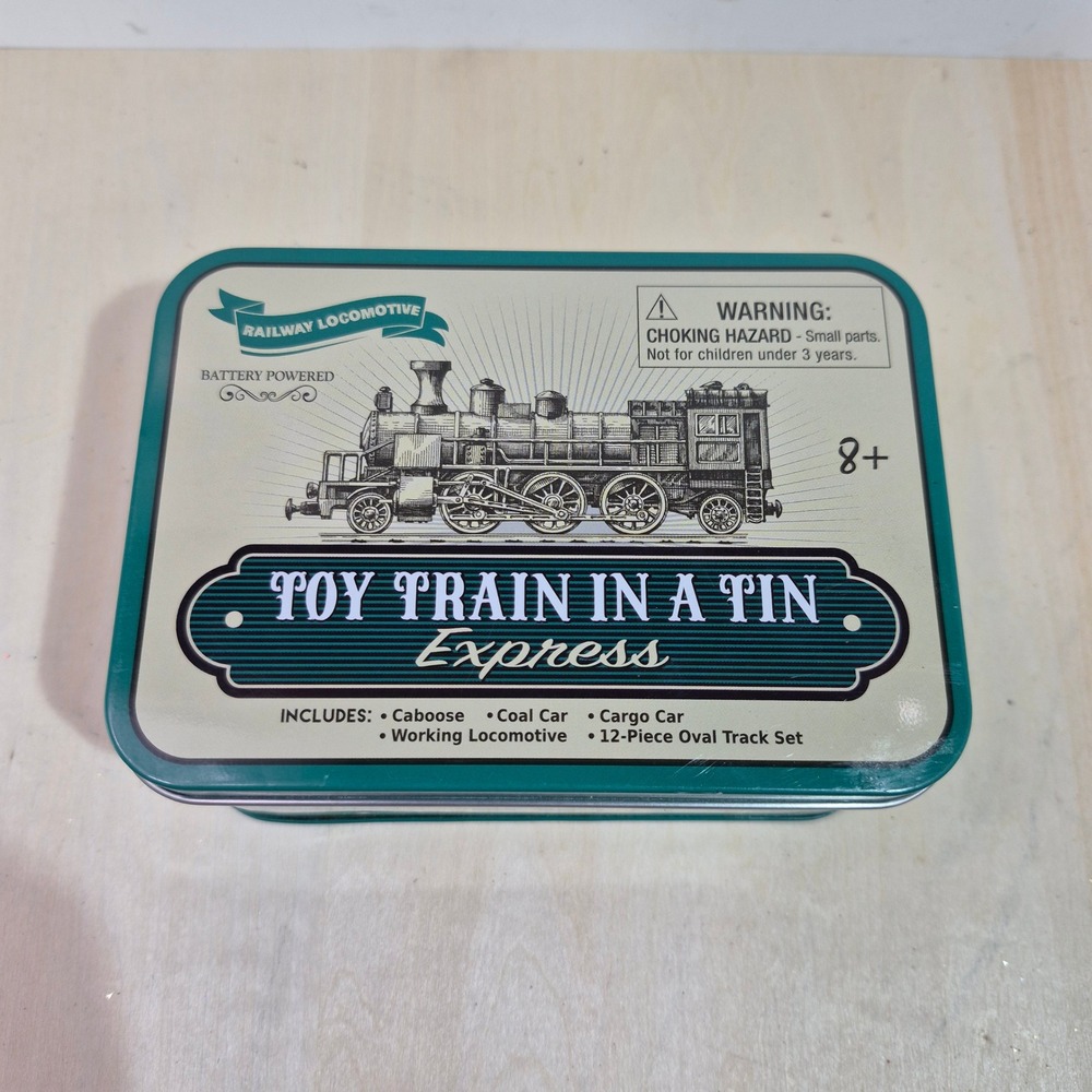 Toy Train In A Tin Express Battery Powered Railway Locomotive 12 Piece Track Set